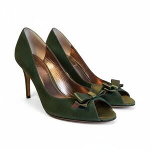 J.Crew VTG Classic Green Suede Peep Toe Heels Bow Accent Made In Italy | 7.5